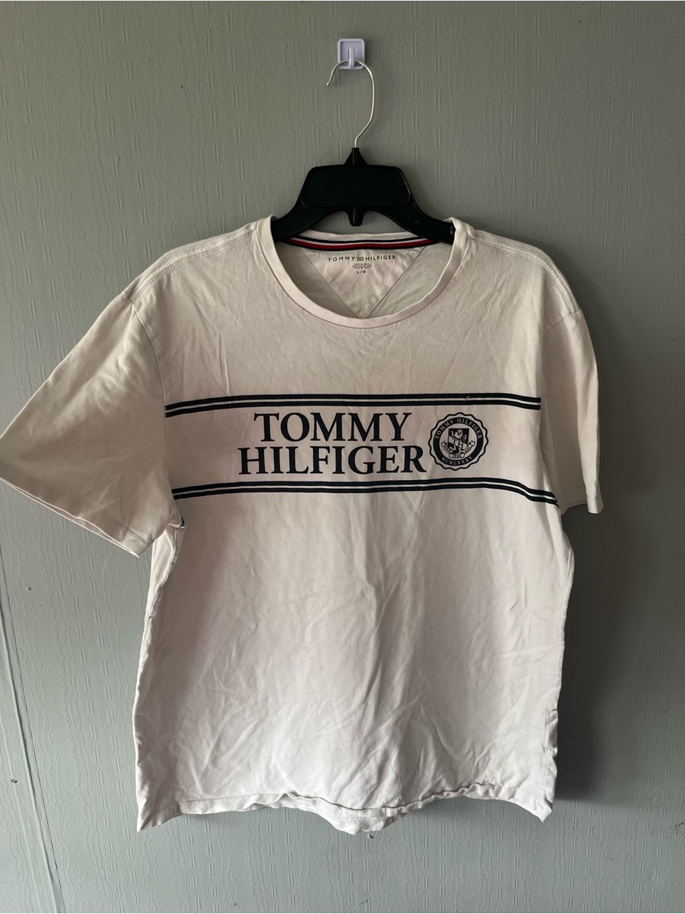 Tommy Hilfiger White Tee with Navy Logo Stripes